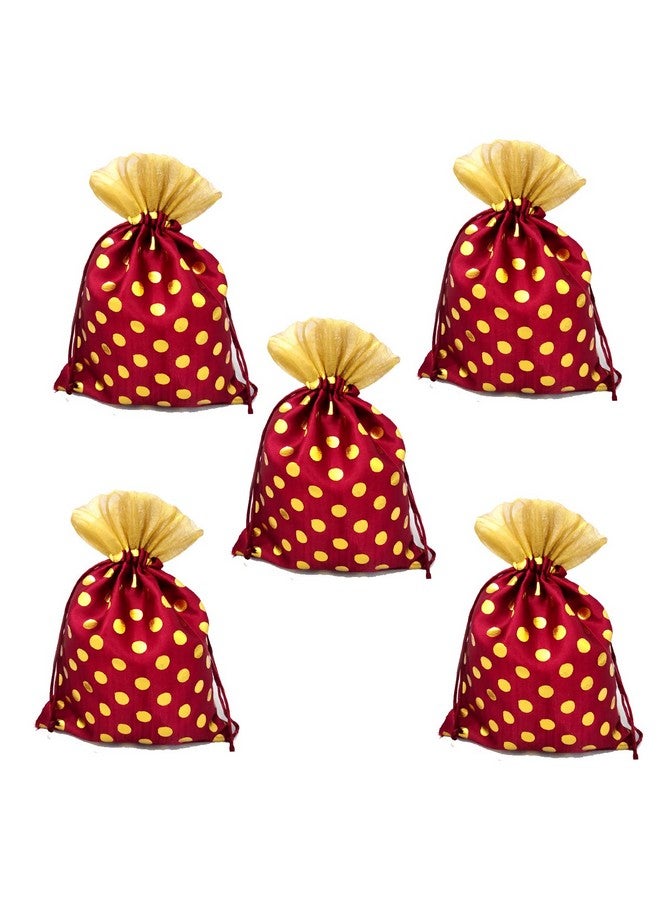 3A FEATURETAIL Fabric 18Cm X 24Cm Large Polka Dot Drawstring Bags Pouches Potli For Gift Wedding Jewelry Packaging Bridal Favors For Women (10Pc Set, Maroon Color With Golden Dot) - Image 3