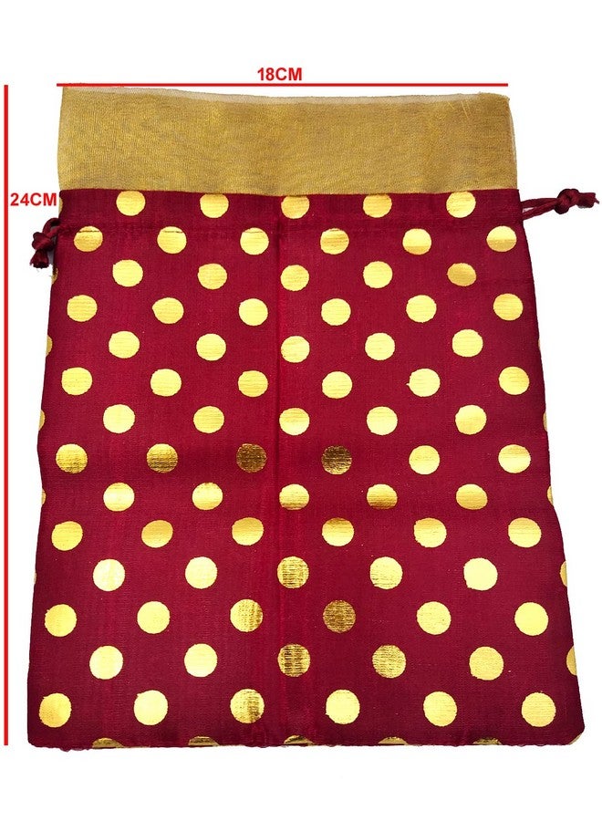 3A FEATURETAIL Fabric 18Cm X 24Cm Large Polka Dot Drawstring Bags Pouches Potli For Gift Wedding Jewelry Packaging Bridal Favors For Women (10Pc Set, Maroon Color With Golden Dot) - Image 2