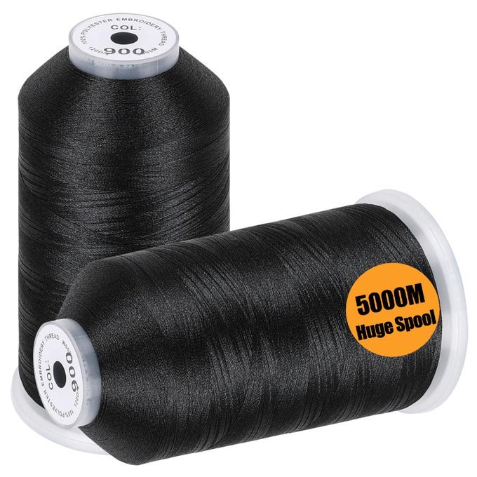 2 HUGE SPOOLS 5000M EACH POLYESTER EMBROIDERY MACHINE THREAD 40WT FOR COMMERCIAL AND DOMESTIC MACHINES BLACK