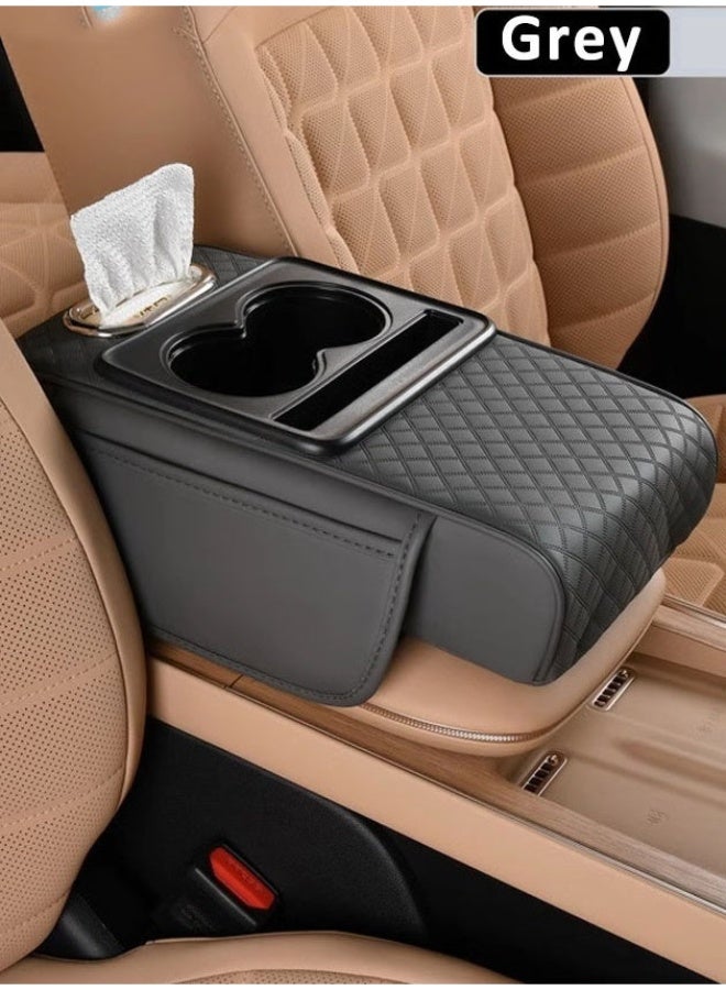Arabest Arm Rest Cover for Car Car Armrest Center Console Cover with Cup Holder 2 Storage Center Console Armrest Vinyl Leather Trim Car Armrest Cushion Anti-Scratch, Suitable for Most Vehicle, SUV, Grey - Image 1