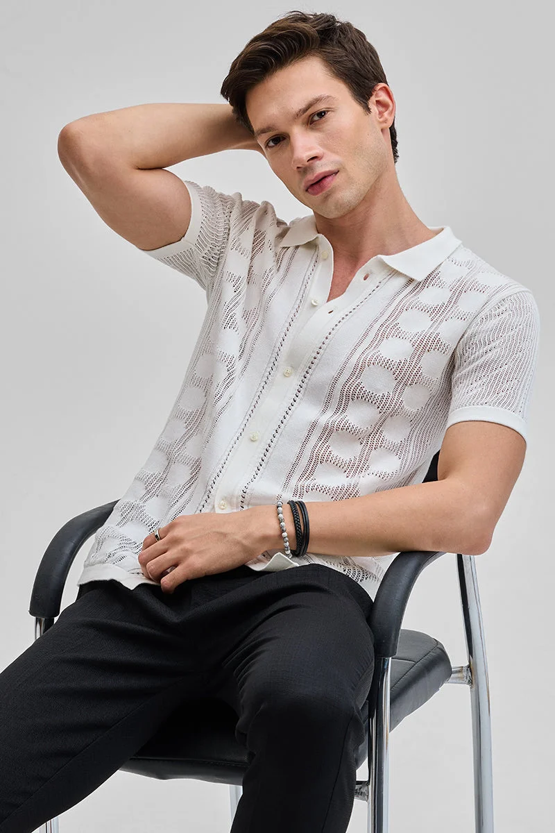 SNITCH White Self Design Knitted Shirt