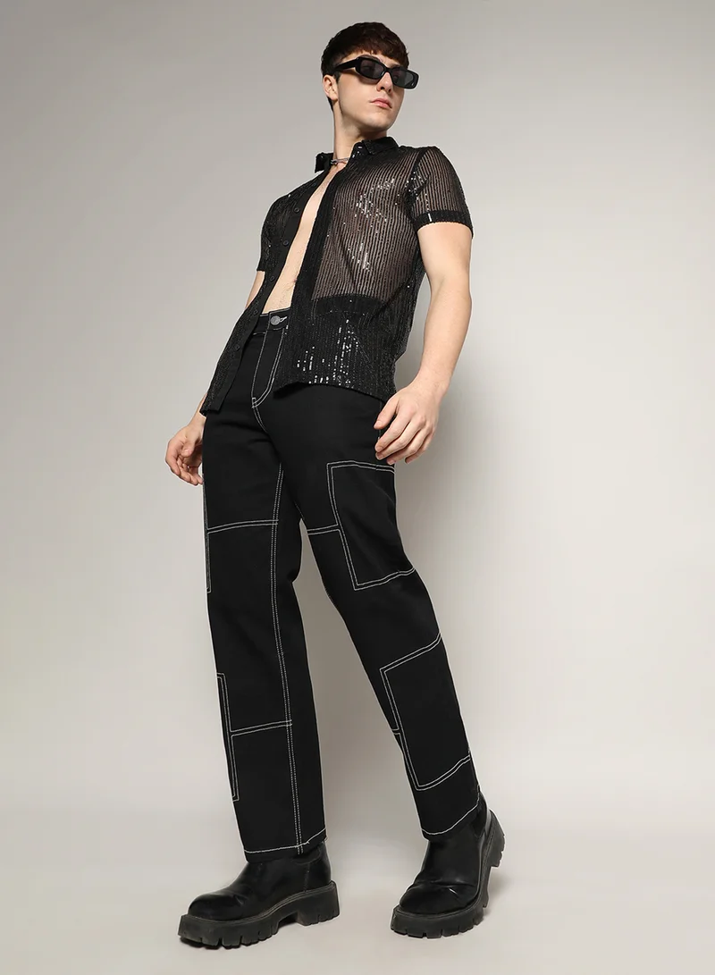 كامبوس سوترا Men's Onyx Black Sheer Sequin Shirt