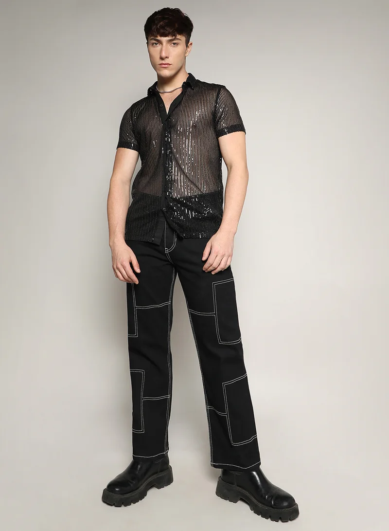 كامبوس سوترا Men's Onyx Black Sheer Sequin Shirt
