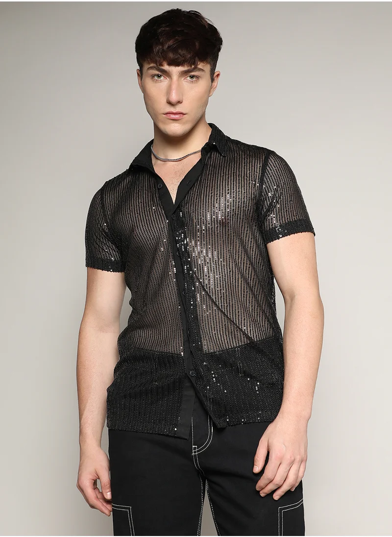 كامبوس سوترا Men's Onyx Black Sheer Sequin Shirt