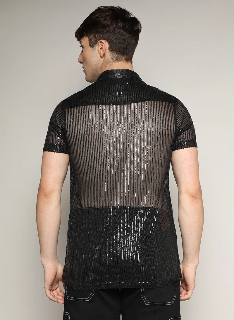 كامبوس سوترا Men's Onyx Black Sheer Sequin Shirt