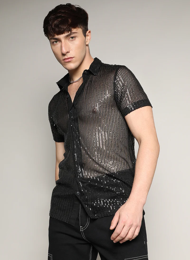 كامبوس سوترا Men's Onyx Black Sheer Sequin Shirt