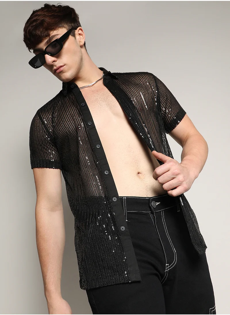 كامبوس سوترا Men's Onyx Black Sheer Sequin Shirt