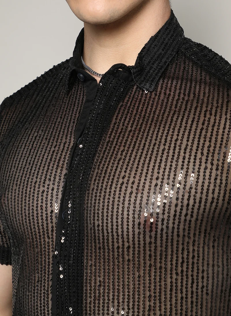كامبوس سوترا Men's Onyx Black Sheer Sequin Shirt