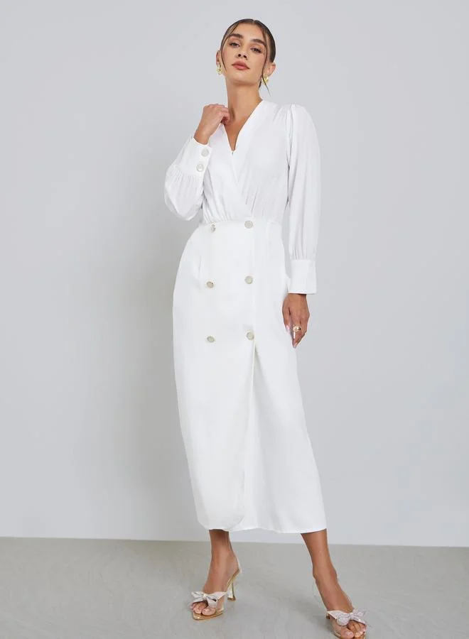 Styli White Sheath Midi Dress with V Neck