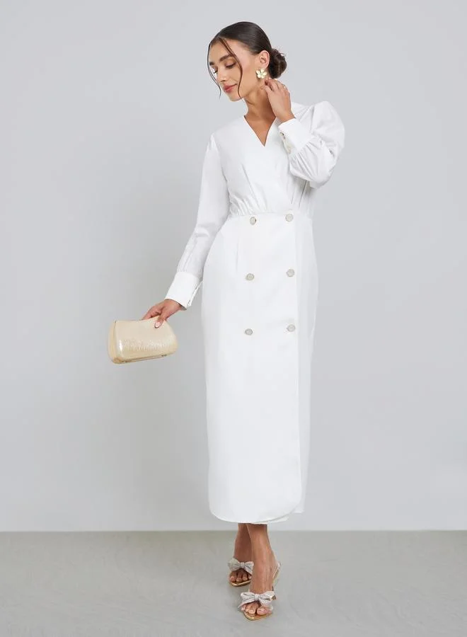 White Sheath Midi Dress with V Neck