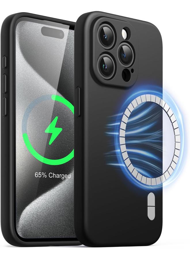 جي تيك جراب سيليكون مغناطيسي لهاتف آيفون 15 برو مقاس 6.1 بوصة متوافق مع غطاء هاتف ماج سيف مع حماية كاملة لعدسة الكاميرا باللون الأسود - Image 1