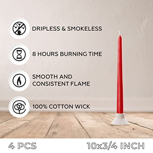 Sonedly 10 Inch Taper Candles 4 Pack - Home Interior Long Burning Dripless and Smokeless Unscented - 8-Hour Burning Red Tapered for Home - Image 2