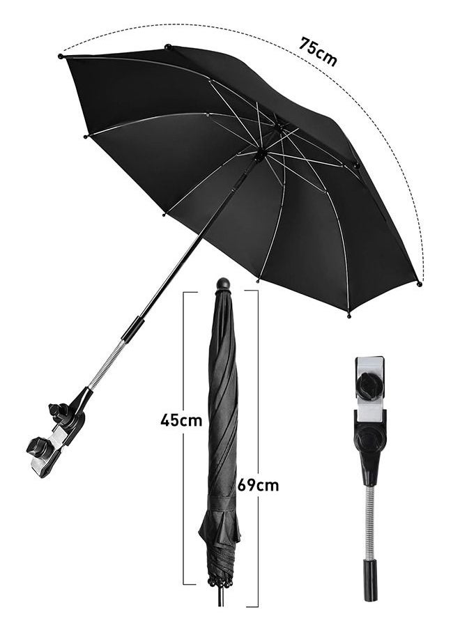 Generic - Baby Stroller Parasol, Pram Parasol 75 cm Stroller Sunshade with Clip Universal Stroller UV Protection 50, Adjustable 360 Degree Waterproof Umbrella for Strollers, Wheelchairs, Beach Chair - Black - Image 1