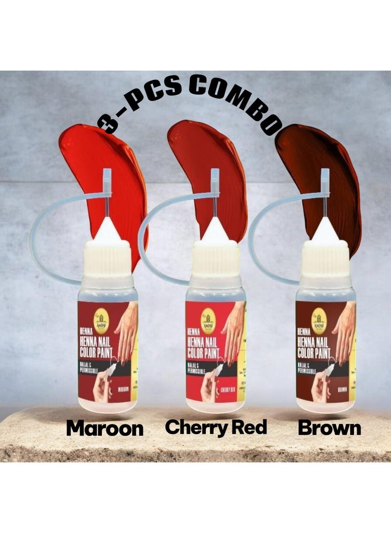 أمينا حناء أمينة الفورية لحقن الأظافر – طقم 3 قطع (بني داكن، أحمر كرزي، وعنابي) – زجاجة حناء أظافر جاهزة للاستخدام بثبات طويل – نباتية وحلال للنساء - Image 1