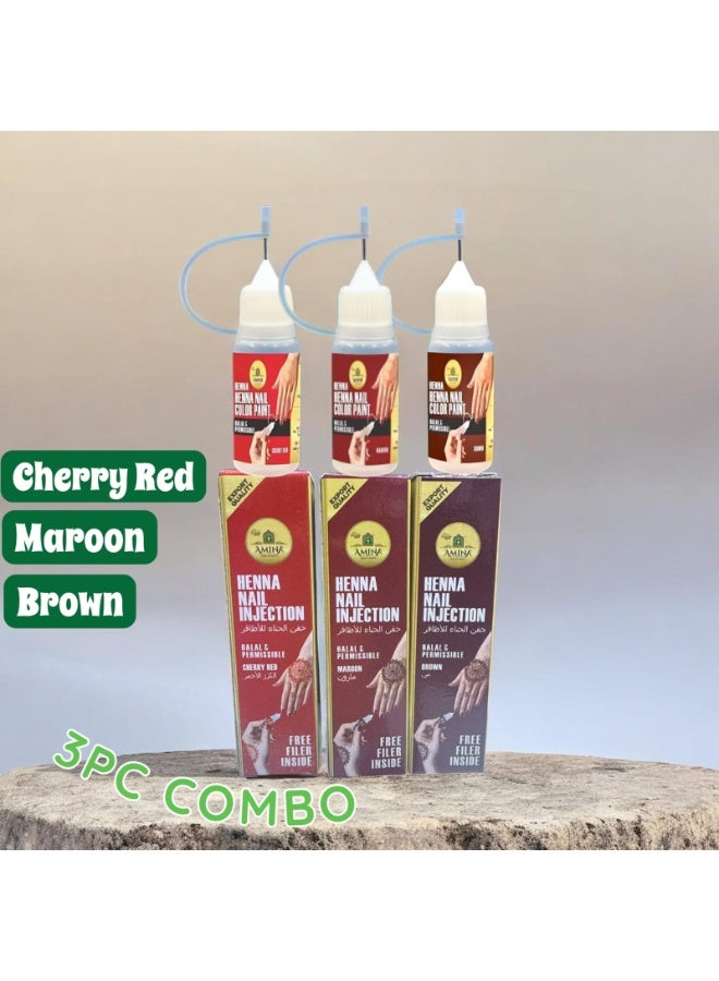 أمينا حناء أمينة الفورية لحقن الأظافر – طقم 3 قطع (بني داكن، أحمر كرزي، وعنابي) – زجاجة حناء أظافر جاهزة للاستخدام بثبات طويل – نباتية وحلال للنساء - Image 3