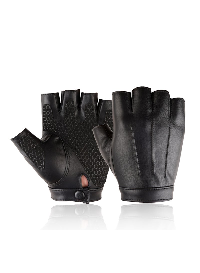 Men Women Teens PU Leather Fingerless Driving Gloves，Outdoor Sport Black Half Finger Glove(XL)  - Image 2