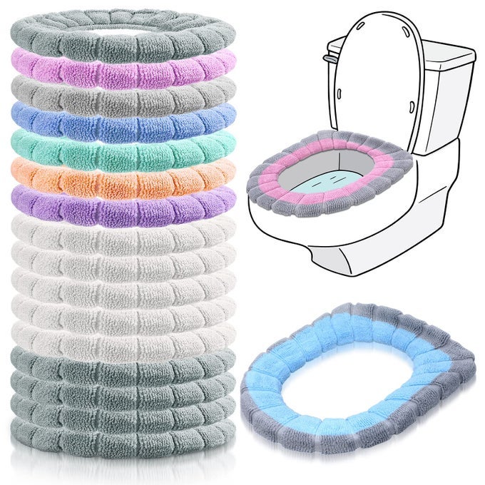 16 PCS THICKER TOILET SEAT COVER PADS BATHROOM SOFT TOILET SEAT WARMER STRETCHABLE WASHABLE FIBRE CLOTH TOILET SEAT CUSHION COVER TOILET SEAT COVER EASY INSTALLATION