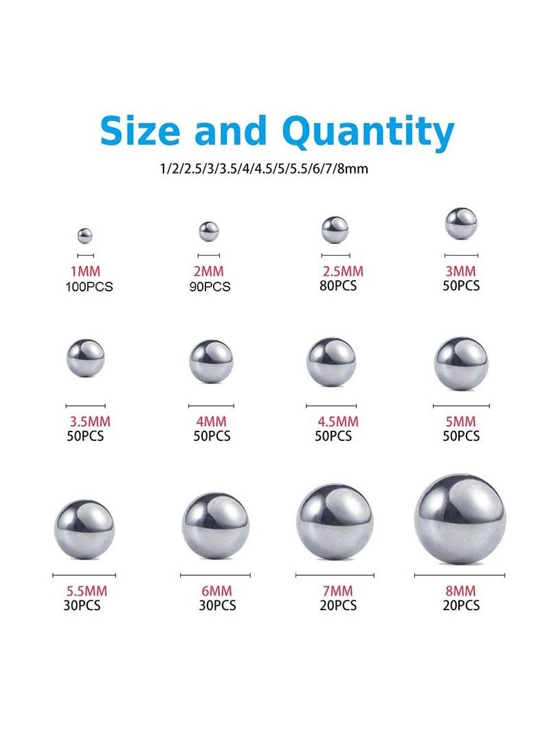 GNAFOTU 620Pcs Ball Bearings,Stainless Steel Bearings Balls Set,12 Sizes Metric Precision Metal Bearing 1-8 mm,for Bicycle Wheels, Skateboard Bearings, Paint Mixing - Image 2