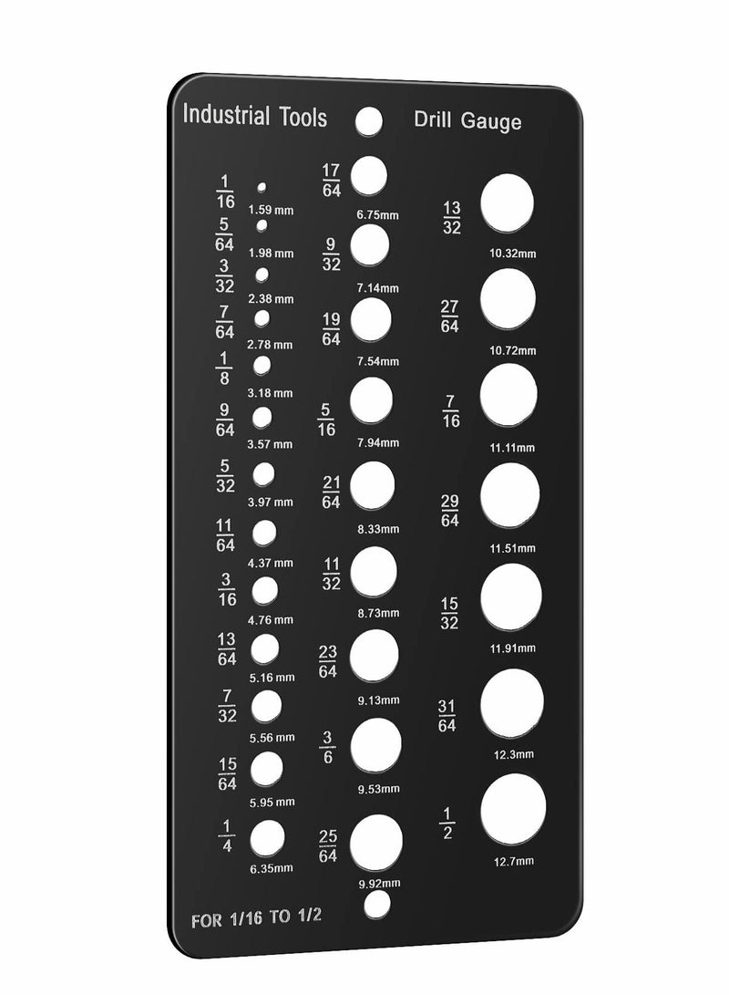 Drill Bit Gauge 1/16 Inch to 1/2 Inch, Screw Size and Thread Inches Decimal 29-Hole Black Guide for Handymen Mechanics - Image 1