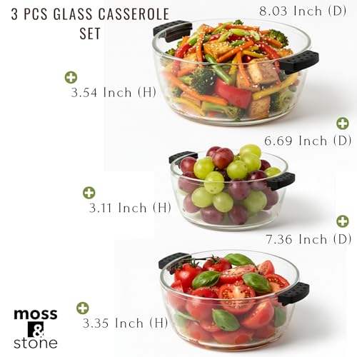 Moss & Stone 6-Piece Borosilicate Glass Casserole Set with Durable Plastic Lids – 2.6/1.5/1 Qt Oven & Microwave Safe Glass Baking Dishes for Cooking, Serving & Kitchen Storage - Image 2