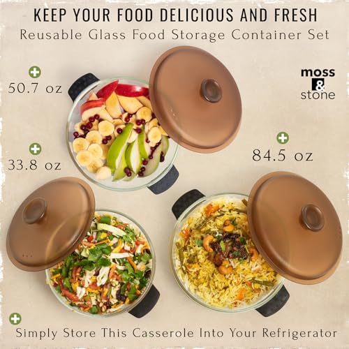 Moss & Stone 6-Piece Borosilicate Glass Casserole Set with Durable Plastic Lids – 2.6/1.5/1 Qt Oven & Microwave Safe Glass Baking Dishes for Cooking, Serving & Kitchen Storage - Image 3
