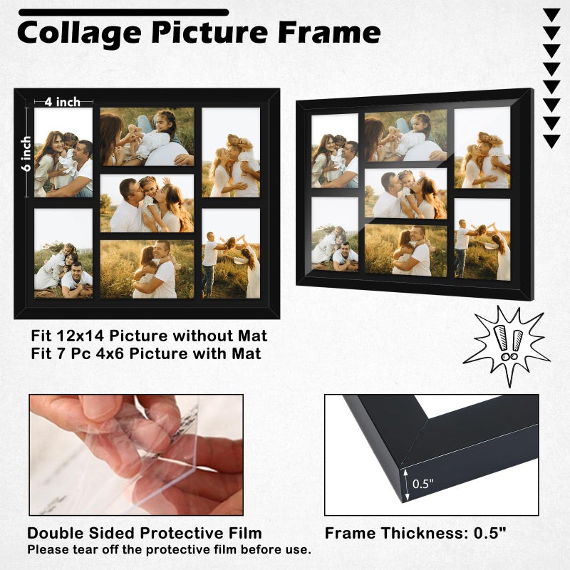 HEYTUYA 4x6 Picture Frame Collage for Wall, Display 7 Pcs 4x6 Photos with Mat or 12x14 Without Mat, 7 Opening Photo Frame for 4 x 6 Pictures with Shatter Resistant Plexiglass, Black Mat, Black - Image 2