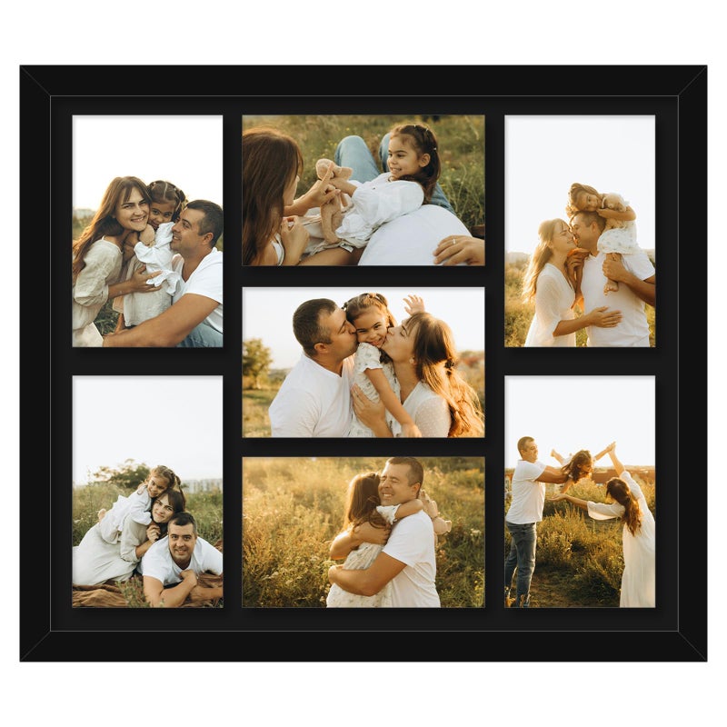 HEYTUYA 4x6 Picture Frame Collage for Wall, Display 7 Pcs 4x6 Photos with Mat or 12x14 Without Mat, 7 Opening Photo Frame for 4 x 6 Pictures with Shatter Resistant Plexiglass, Black Mat, Black - Image 1