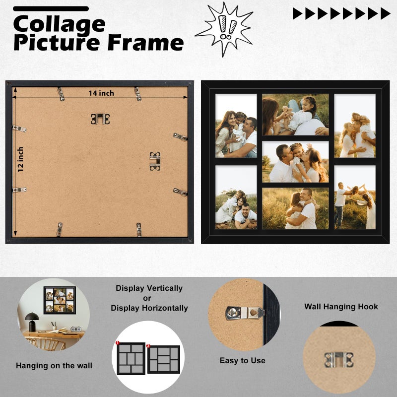 HEYTUYA 4x6 Picture Frame Collage for Wall, Display 7 Pcs 4x6 Photos with Mat or 12x14 Without Mat, 7 Opening Photo Frame for 4 x 6 Pictures with Shatter Resistant Plexiglass, Black Mat, Black - Image 3