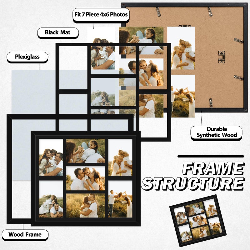 HEYTUYA 4x6 Picture Frame Collage for Wall, Display 7 Pcs 4x6 Photos with Mat or 12x14 Without Mat, 7 Opening Photo Frame for 4 x 6 Pictures with Shatter Resistant Plexiglass, Black Mat, Black - Image 4