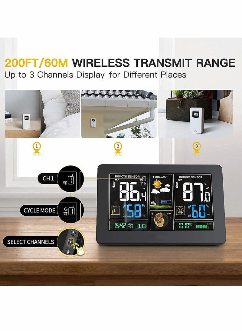 Weather Station Wireless Indoor Outdoor Thermometer Color Display Digital Weather Thermometer with Atomic Clock, Forecast Station with Calendar and Adjustable Backlight