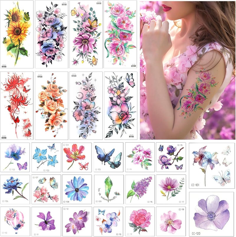 Amaxiu 8 Sheets Half Arm Flower Temporary Tattoos with 20 Small Floral Tattoo Stickers Realistic Flower Temporary Tattoo Waterproof Fake Tattoos for Women Adults