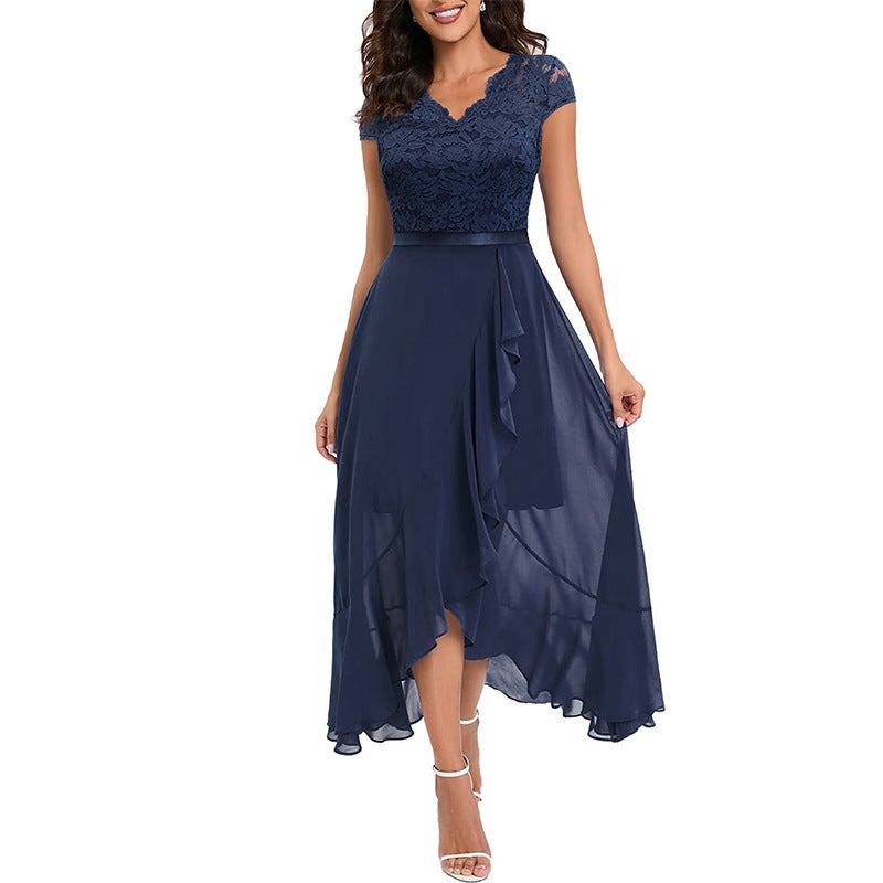 European and American New Foreign Trade Party Dress wish Amazon dress V-neck Sleeveless Lace Mesh Large Dress Light blue