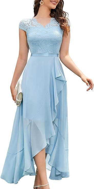 European and American New Foreign Trade Party Dress wish Amazon dress V-neck Sleeveless Lace Mesh Large Dress Light blue