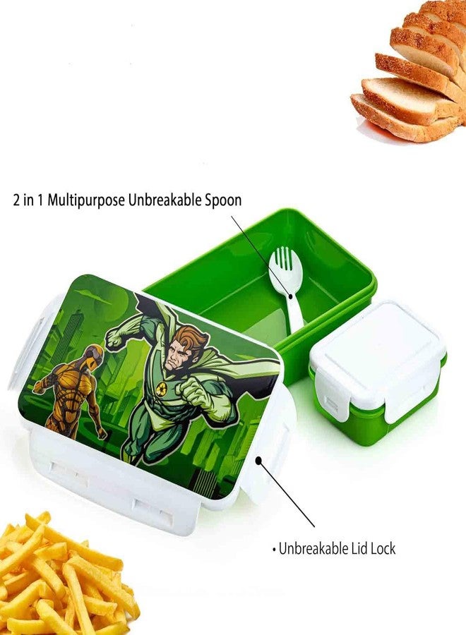 KERFORA Superhero Lunch Box Set with Small Airtight Container and Spoon, Green, 1000ml, Leak-Proof, Freezer Safe, 22x14x5.5cm (Green) - Image 4