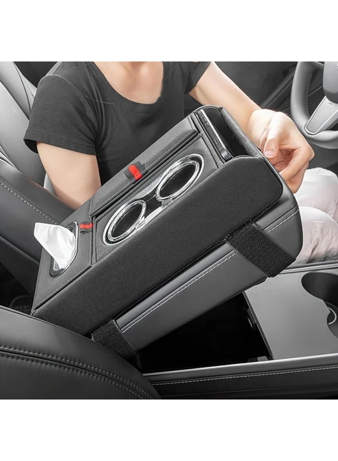 Pu Leather Car Armrest Organizer With Console Storage Box Beige Extended Pad Tissue Dispenser Drink Holder Coin And Glasses Organizer Fits All Models Interior Accessory Car Storage - Image 2