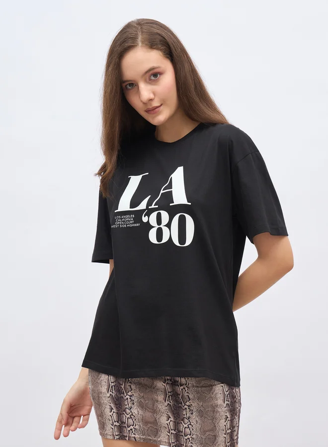 ستايلي Styli Graphic Print Oversized Longline T-Shirt
