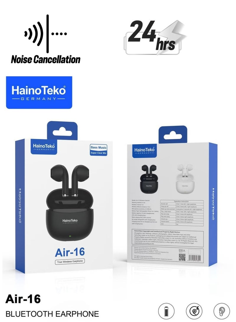 Haino Teko Air-16 True Wireless Earphones with Super Clear Mic | Bluetooth 5.0, Deep Bass, 24H Playtime, Waterproof, Comfortable Fit | Noise-Cancelling Earbuds for Calls, Music, and Sports | Universal Compatibility for iOS & Android - Image 1