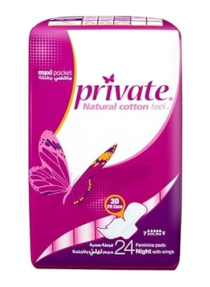 Private 24 PC Natural Cotton Feel Maxi Thick Night Sanitary – Folded with Wings for Overnight Security!