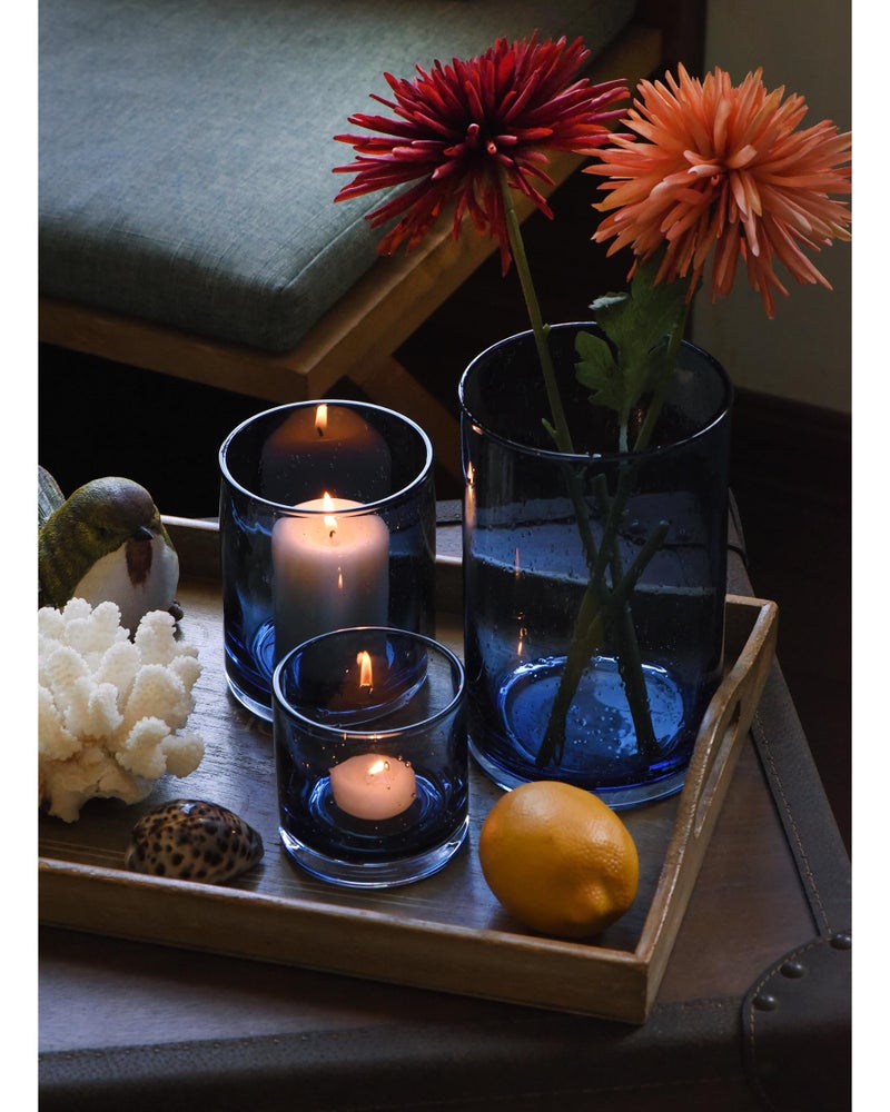 ARIAMOTION Blue Candle Holder for Pillar Tealights Modern Bubbles Glass Hurricane Cylinder Vases Table centerpieces Kitchen Island Dining Room Coffee Bar 8" 5" 3.5" Height Set 3 - Image 4