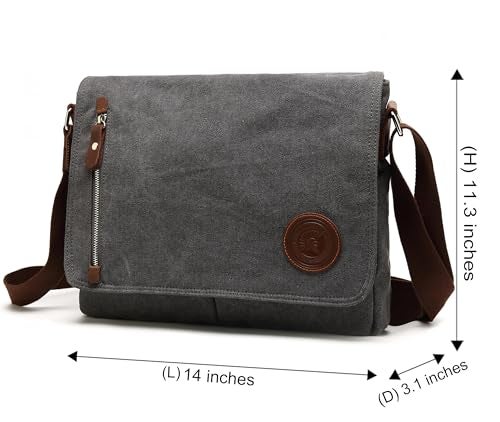 HuaChen Vintage Canvas Messenger Bag – 14” Laptop Shoulder Satchel Crossbody Sling Bookbag for Men & Women - M36 Grey - Image 2