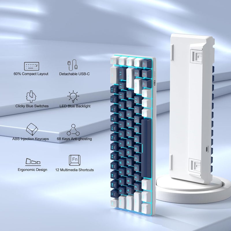 مايجغي لوحة مفاتيح ألعاب ميكانيكية محمولة من بنسبة 60%، MK-Box بإضاءة خلفية LED، مدمجة بـ 68 مفتاحًا، لوحة مفاتيح مكتبية سلكية صغيرة مع مفتاح أزرق لأجهزة Windows Laptop PC Mac - أزرق/أبيض - Image 2
