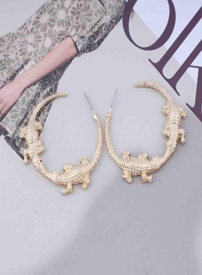 Yheakne Boho Crocodile Hoop Earrings Gold Crocodile Circle Earrings Punk Alligator Dangle Earrings Large Geometric C Shape Earrings Jewelry for Women - Image 3