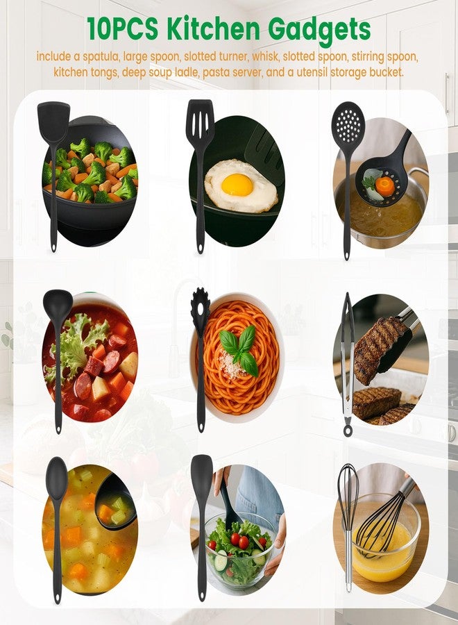 HANSGO Silicone Cooking Utensils Set - 446°F Heat Resistant Kitchen Utensils Set, 10PCS Kitchen Gadgets with Hanging Hole for Nonstick Cookware, Dishwasher Safe, Black - Image 2