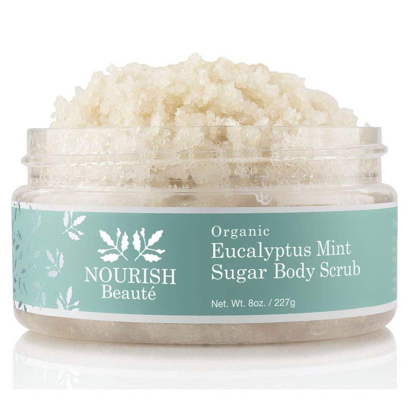 Nourish Beaute Organic Sugar Body Scrub for Exfoliation and Cellulite Hydrates and Moisturizes Skin while Improving Skin Tone and Texture 8 oz Eucalyptus Mint