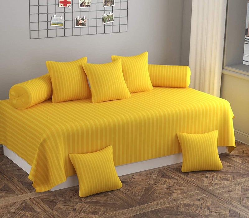 Castiqa Satin Fabric Stripes Pattern Diwan Blend Set of 8 Pcs One Single Bed Sheet with 5 Cushions Covers and 2 Bolster Covers (Yellow) - Image 1