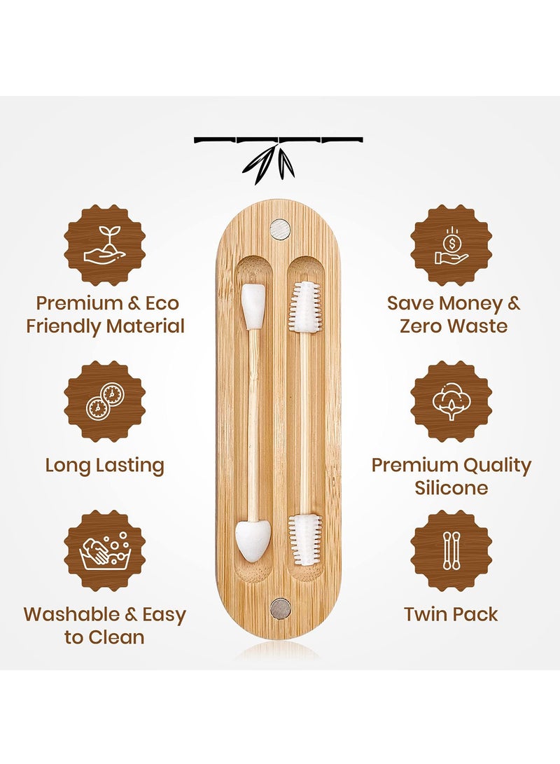 Barakah عبوة 2 من أعواد القطن القابلة لإعادة الاستخدام للأذنين مع علبة سفر مغناطيسية من الخيزران، مجموعة لتنظيف الأذن وتطبيق المكياج - Image 4