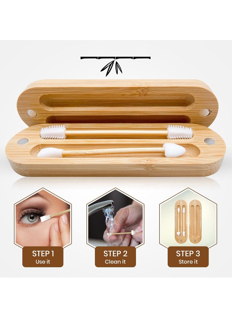 Barakah عبوة 2 من أعواد القطن القابلة لإعادة الاستخدام للأذنين مع علبة سفر مغناطيسية من الخيزران، مجموعة لتنظيف الأذن وتطبيق المكياج - Image 2