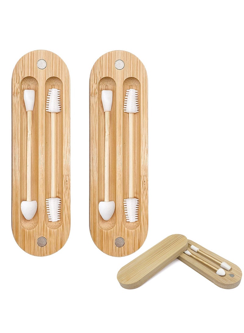 Barakah عبوة 2 من أعواد القطن القابلة لإعادة الاستخدام للأذنين مع علبة سفر مغناطيسية من الخيزران، مجموعة لتنظيف الأذن وتطبيق المكياج - Image 1