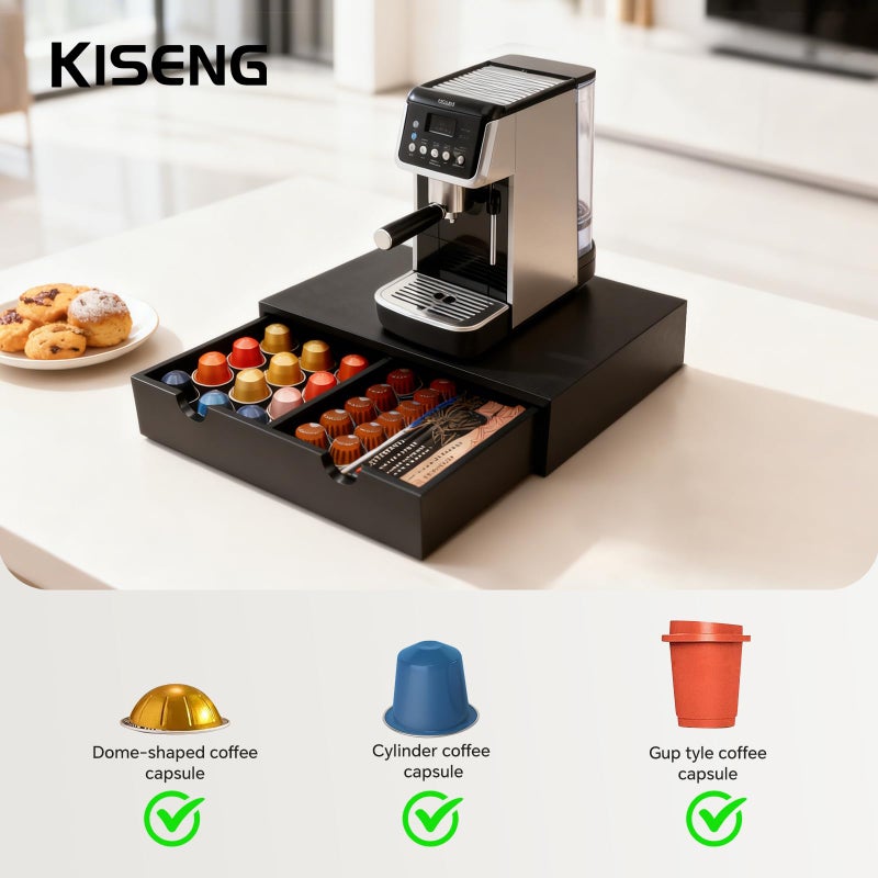 KISENG Coffee Pod 15" X 11" X 3" Natural Wood Countertop Organizer Drawer, Counter Top Espresso Tea Bag Station Storage Holder Box, Black - Image 2
