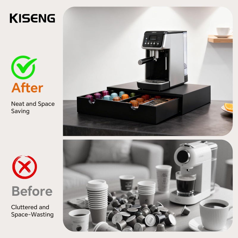 KISENG Coffee Pod 15" X 11" X 3" Natural Wood Countertop Organizer Drawer, Counter Top Espresso Tea Bag Station Storage Holder Box, Black - Image 3